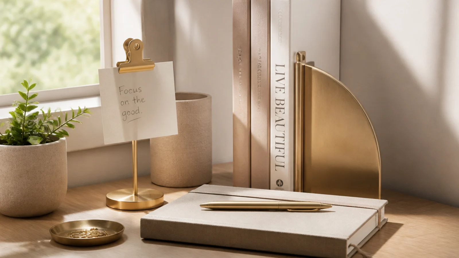 Small brass details on a desk - a gold clip holder, a brass pen, and a metal bookend - against neutral tones.