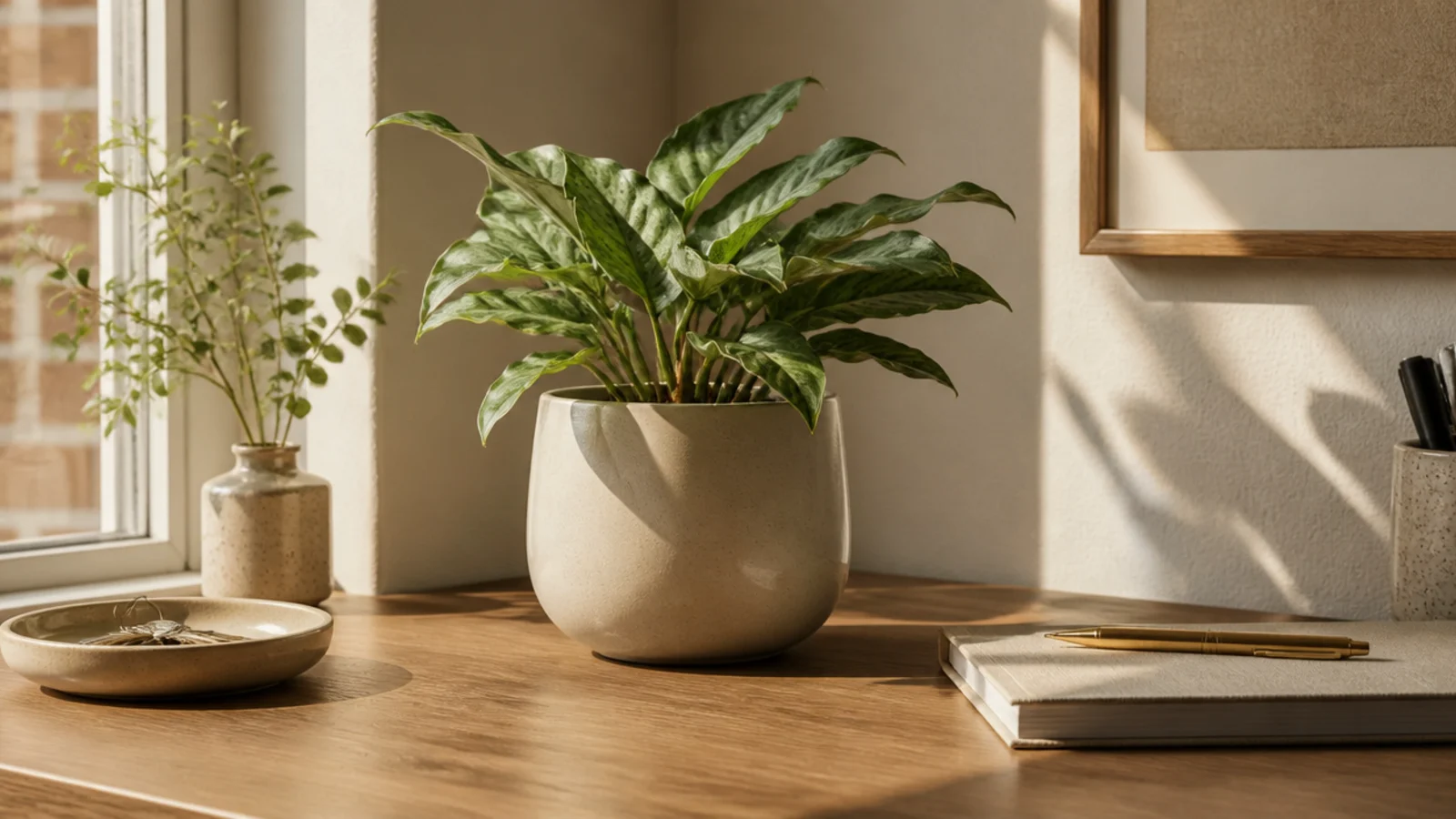 One sculptural plant in a matte ceramic pot on a desk corner, its leaves adding a green focal point.