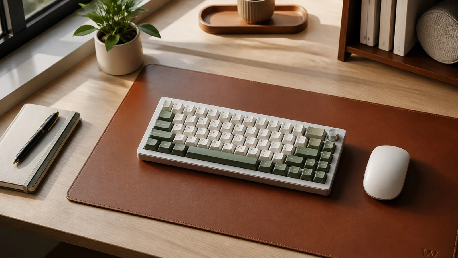 A large leather desk mat under a keyboard and mouse, grounding the work zone in a warm neutral tone.