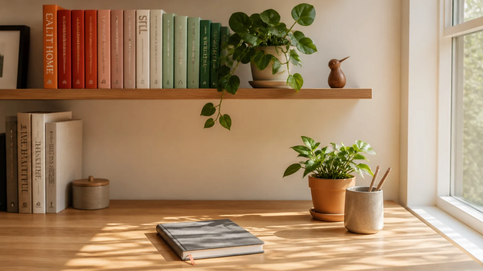 A shelf above a desk styled with books grouped by color, a plant, and a small object, forming a calm backdrop.