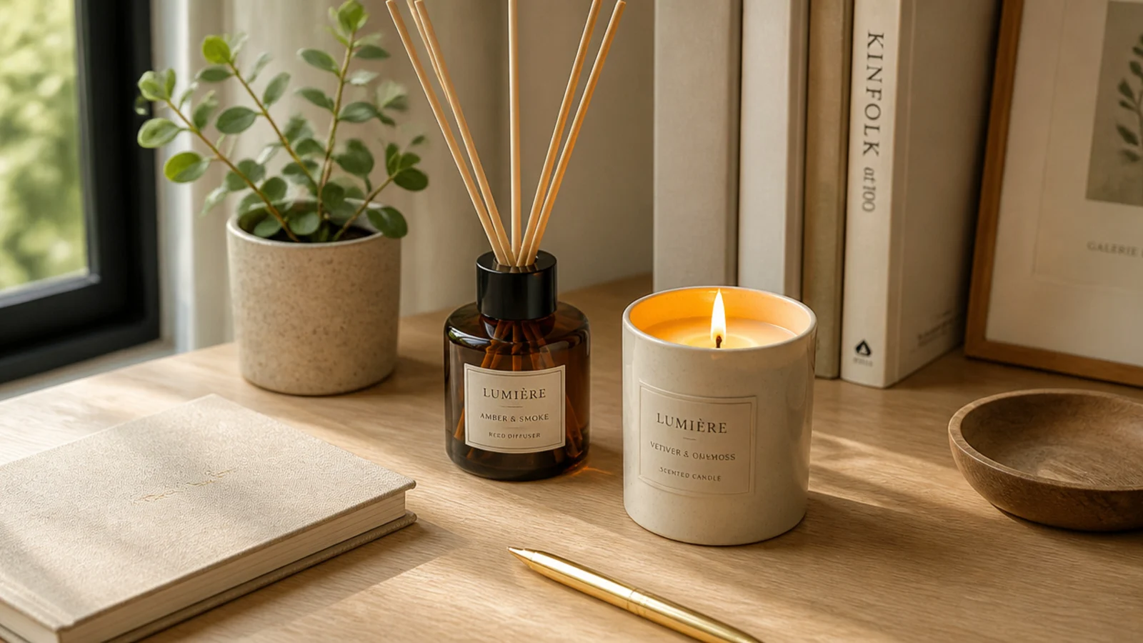 A minimalist candle and a reed diffuser on a desk corner, adding a subtle sensory and visual accent.