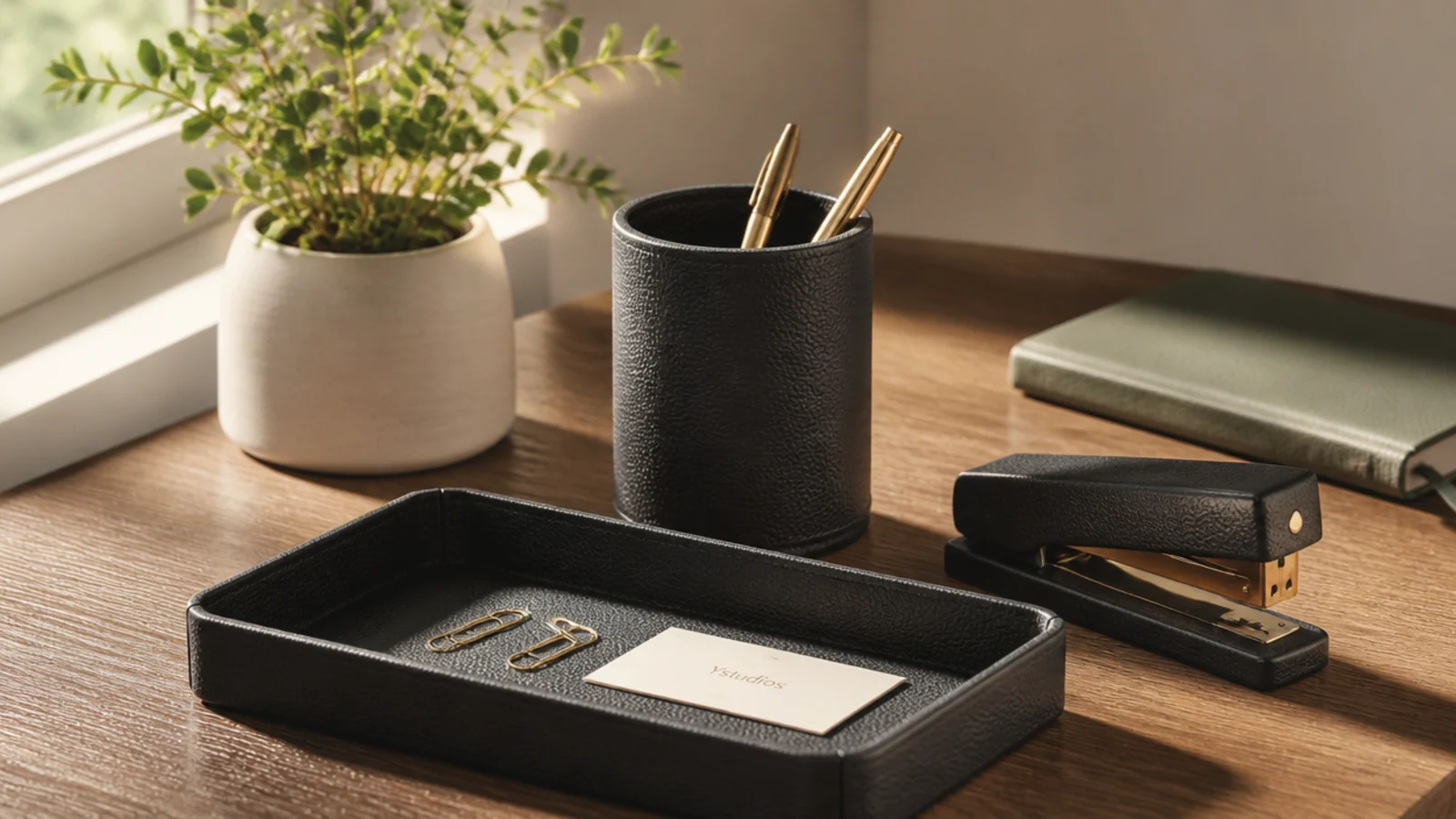 A matching set of black desk accessories - pen cup, tray, and stapler - unified in one finish on a wood desk.
