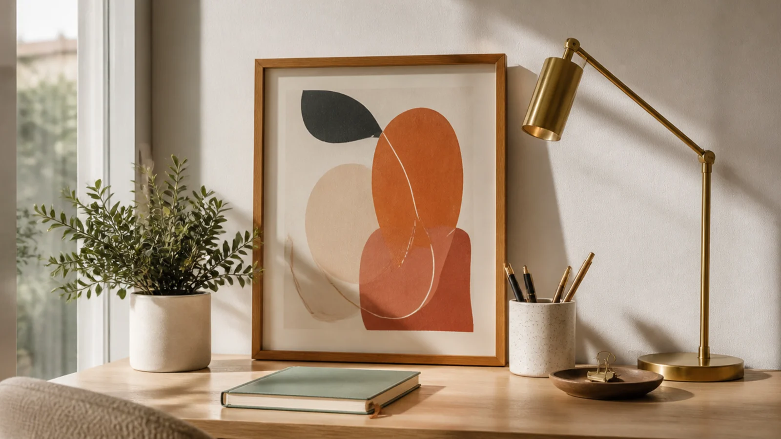 A single framed abstract art print leaning against the wall behind a desk, adding a quiet focal point.