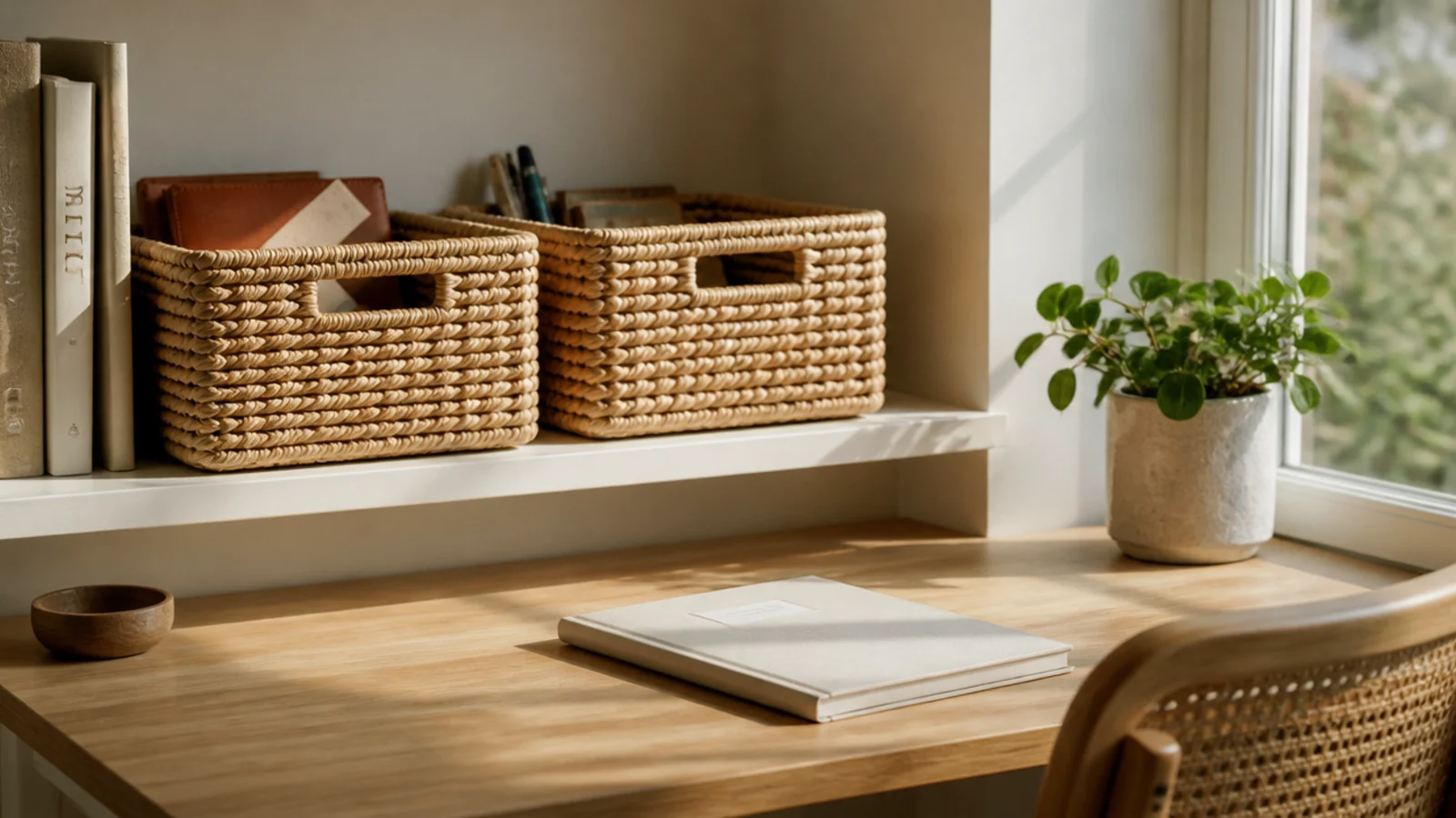 Two woven seagrass baskets on a shelf beside a desk, hiding supplies behind a natural texture.