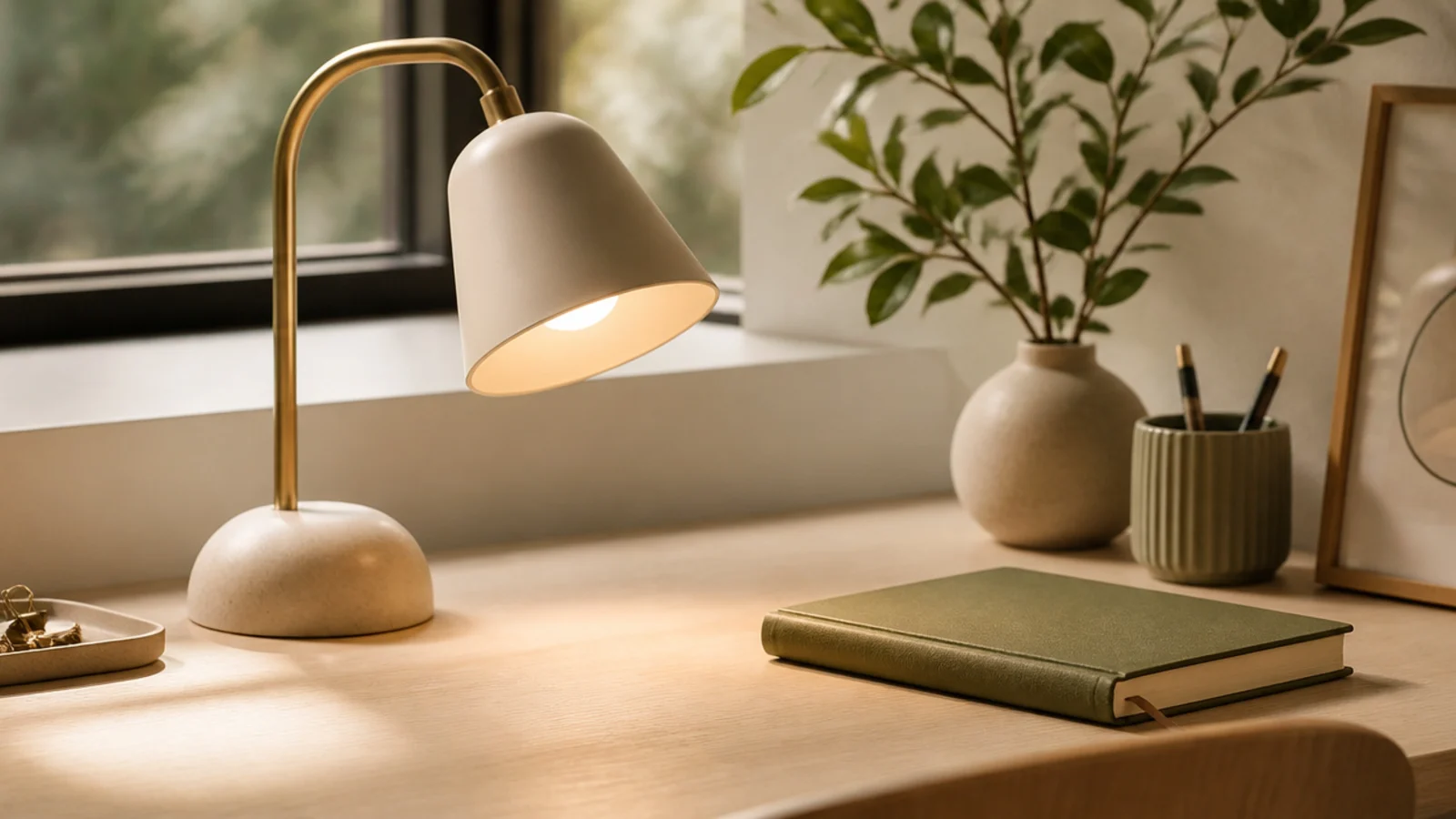 A sculptural task lamp with a warm bulb on a desk, casting a soft pool of light over the work zone.