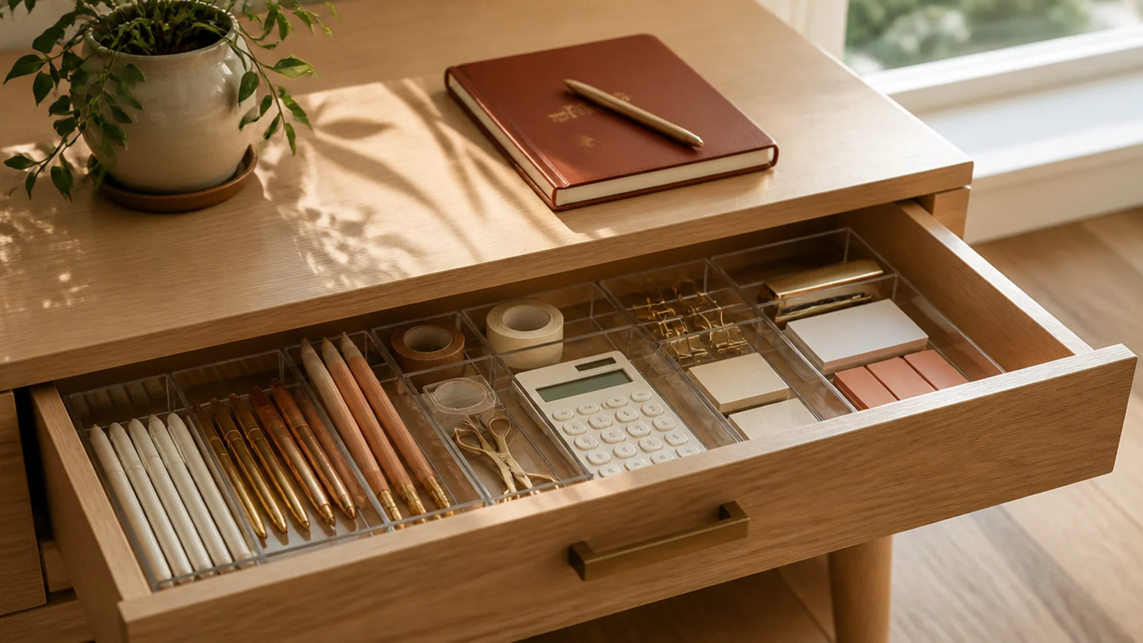 Clear acrylic drawer organizers holding supplies almost invisibly inside a desk drawer.