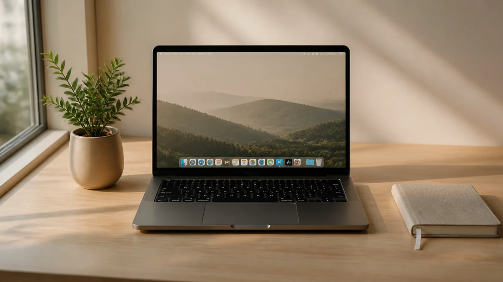 A nearly bare desk with a laptop, one object, and wide empty surface, styled around deliberate emptiness.