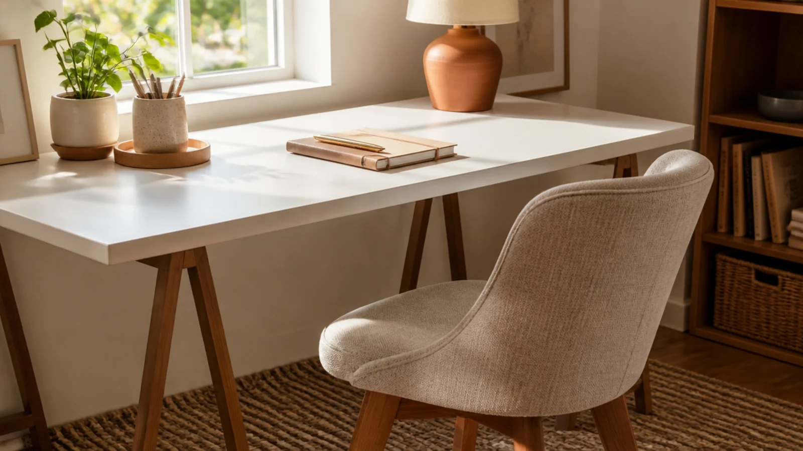 A small textured rug placed under a desk and chair, grounding the workspace with warmth and pattern.