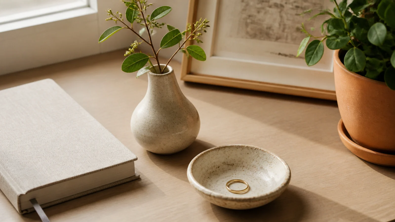 A small ceramic bud vase and a handmade dish on a desk, adding tactile handmade character.
