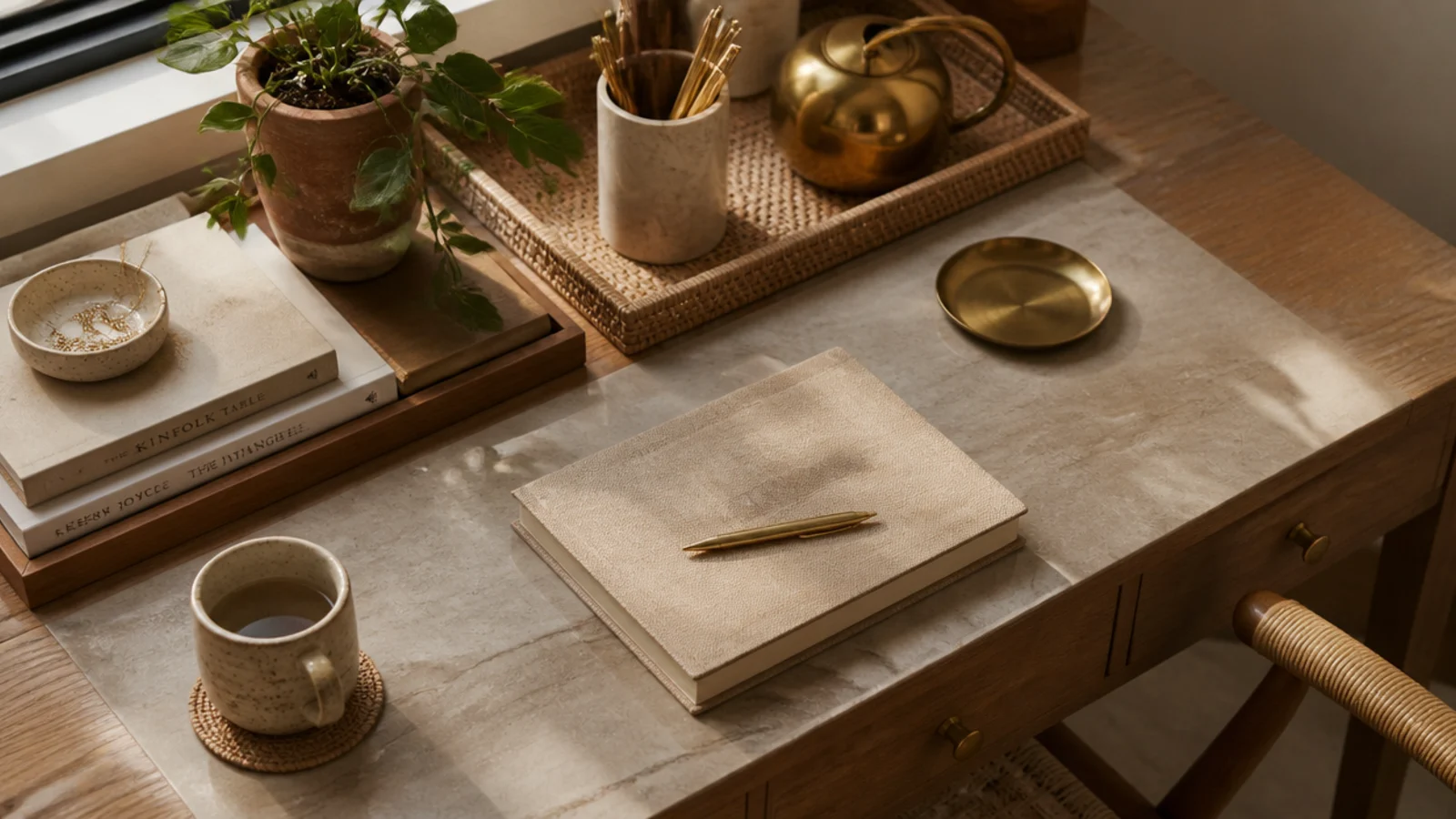 A desk unifying wood, stone, linen, and brass, every material repeated so the whole surface feels designed.