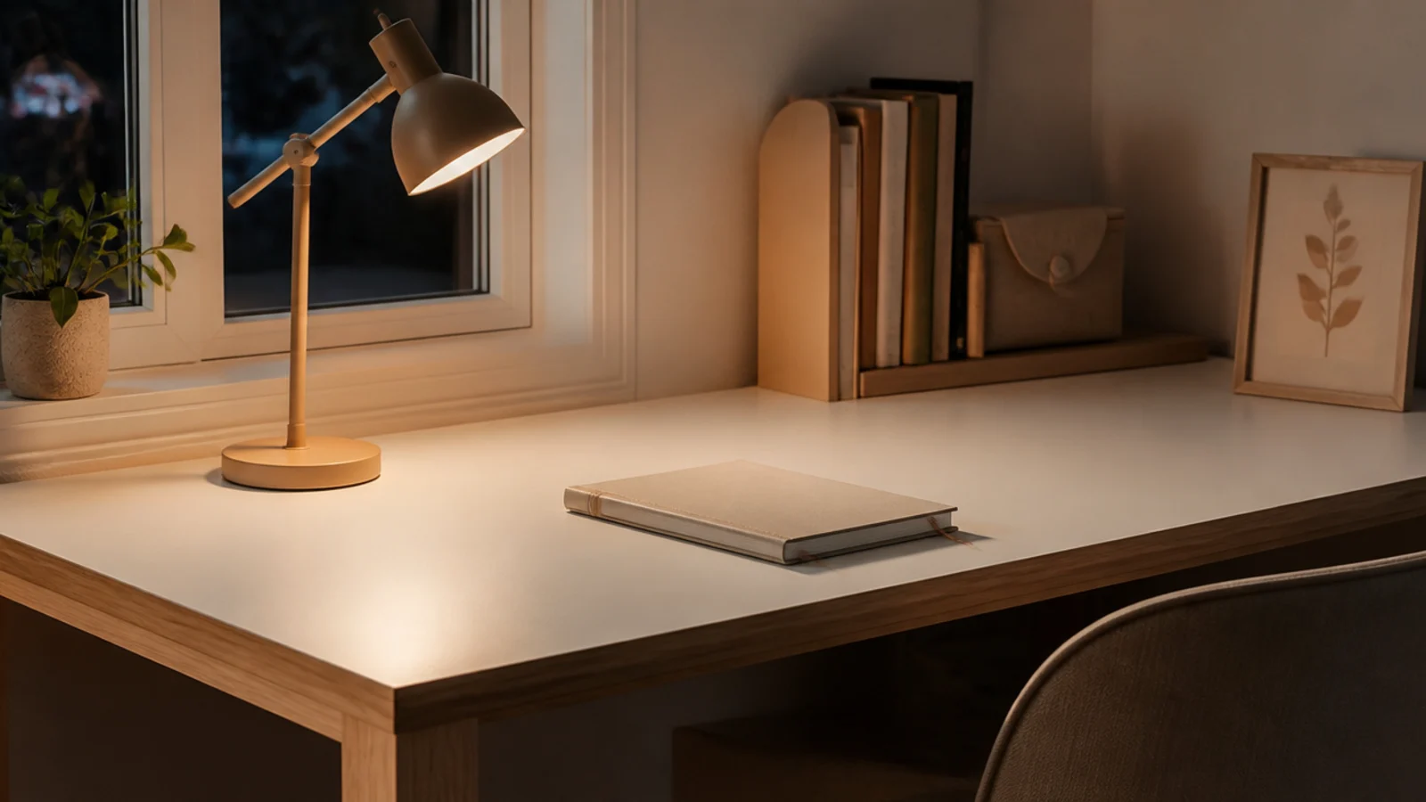 A perfectly curated, empty desk at night, everything returned to its place and the surface clear and calm.