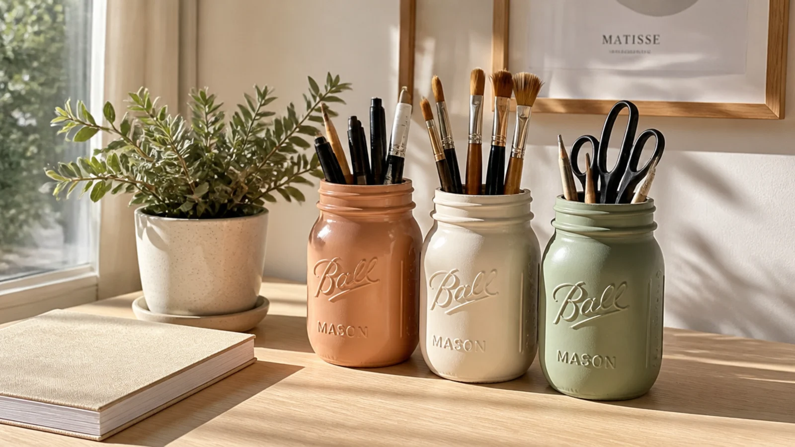 Three painted mason jars on a desk holding pens, brushes, and scissors, each a soft matching color.