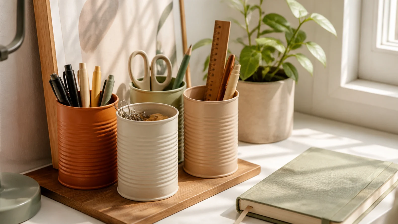 Several painted tin cans grouped on a small board, holding pens and supplies in matching muted colors.