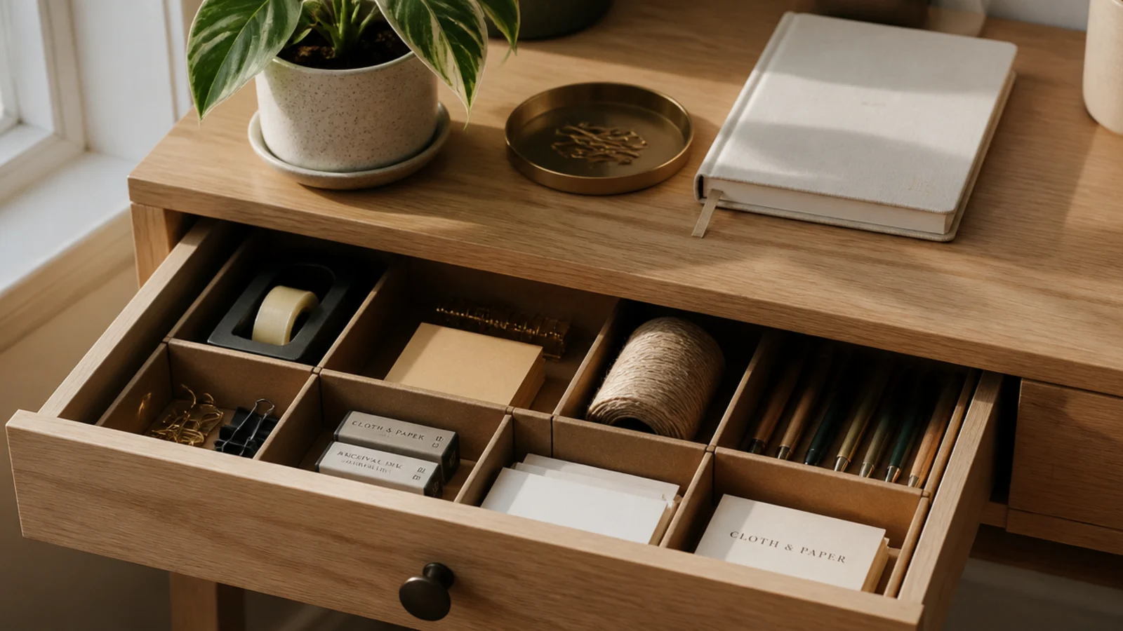 An open drawer divided into neat compartments by custom-cut cardboard dividers, each section holding supplies.