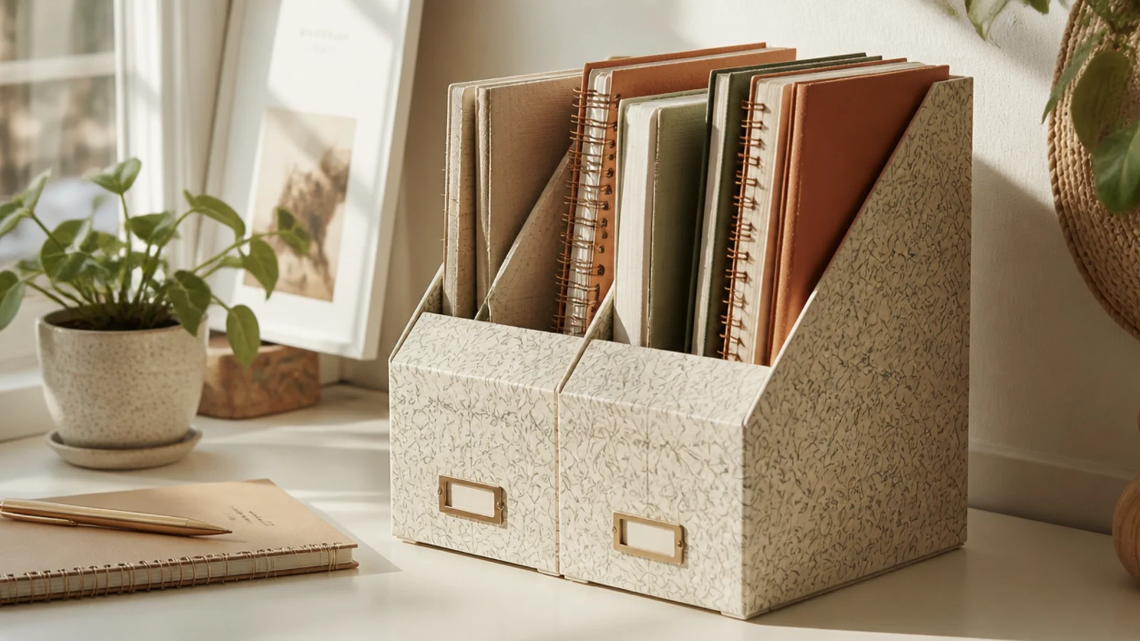 Two cereal boxes cut into angled magazine-style file holders, covered in paper, holding notebooks upright.