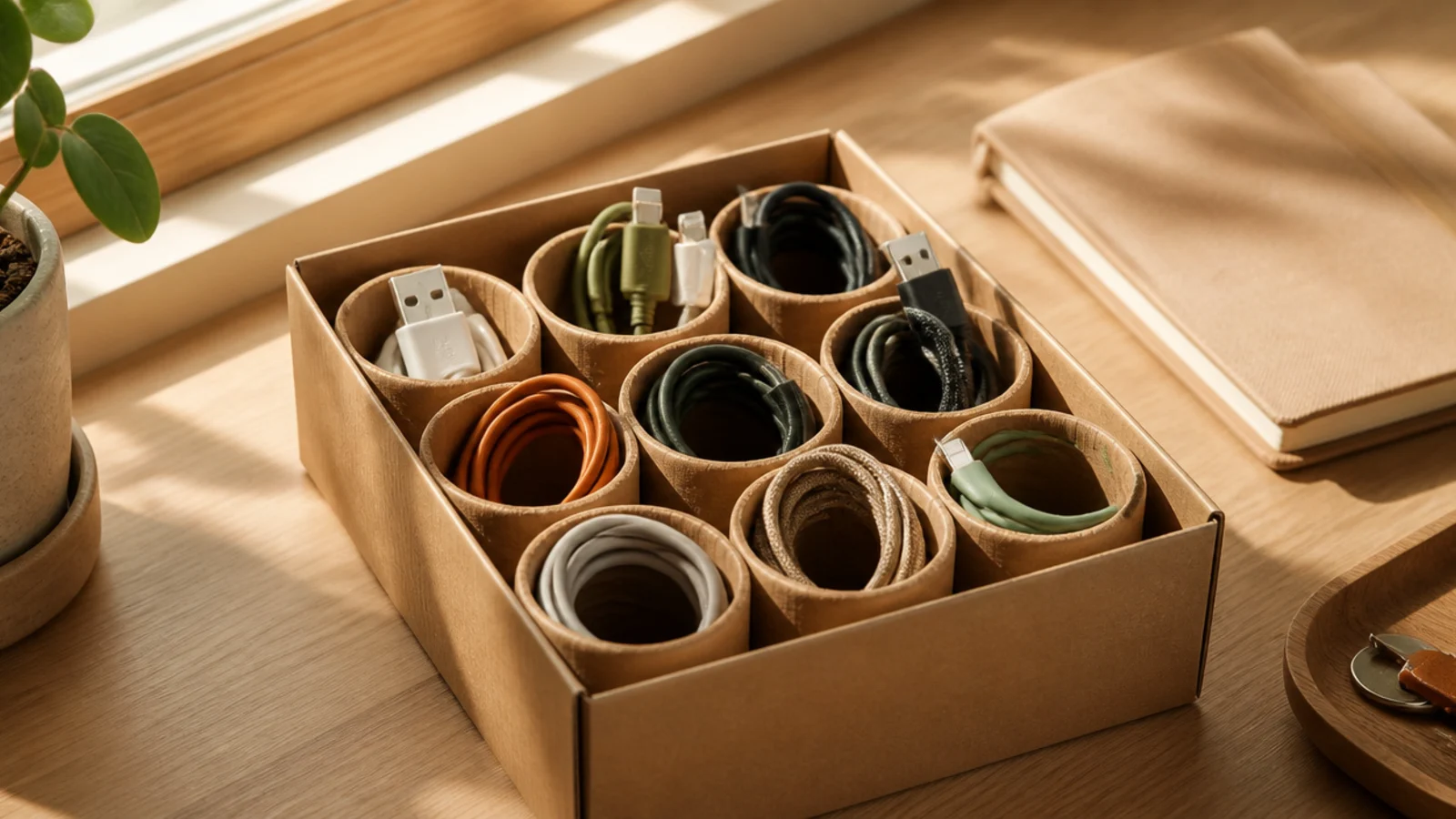 Several short cardboard tubes standing in a box, each holding one coiled cable neatly separated.