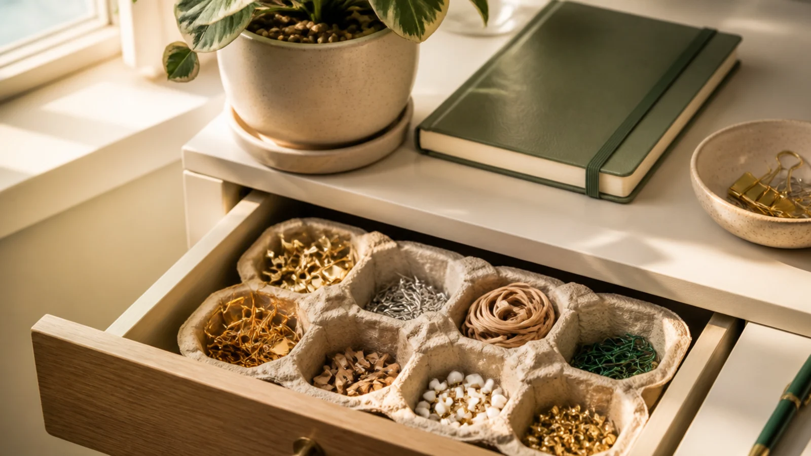 An egg carton inside a drawer holding sorted small items - clips, pins, and rubber bands in separate cups.