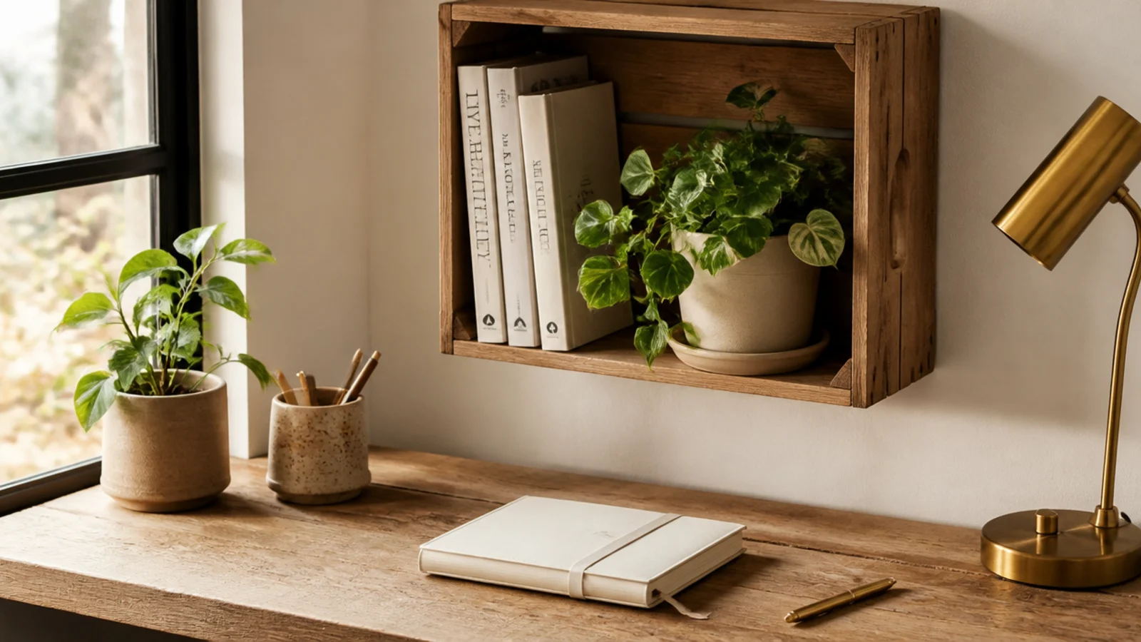 A small wooden crate mounted on the wall above a desk as a cubby shelf, holding books and a plant.