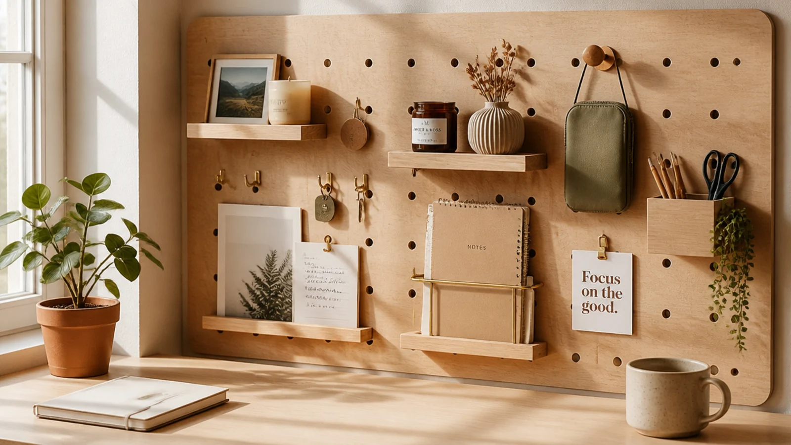 A homemade pegboard cut from plywood or hardboard mounted behind a desk, holding hooks and small shelves.