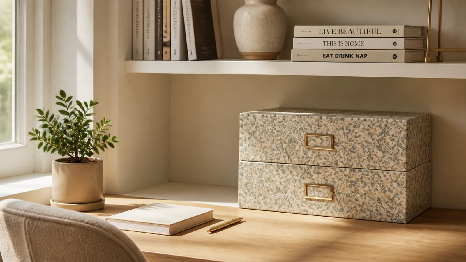 Two shoeboxes covered in matching paper stacked as a small drawer unit on a shelf beside a desk.