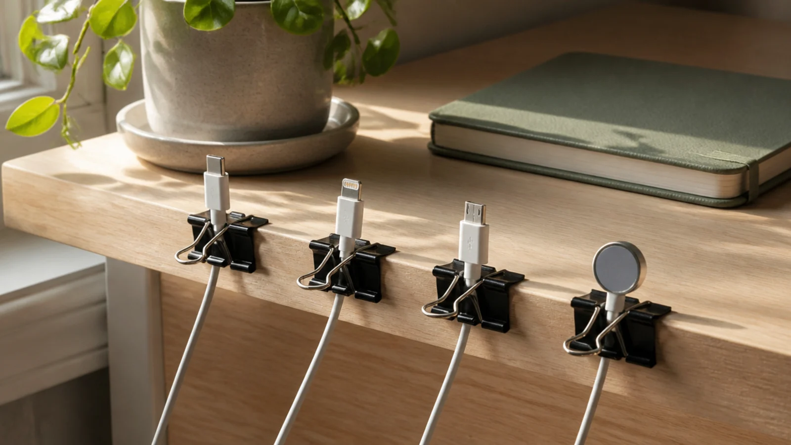 Several binder clips fixed along a desk edge, each holding a charging cable end in place by its handle loop.