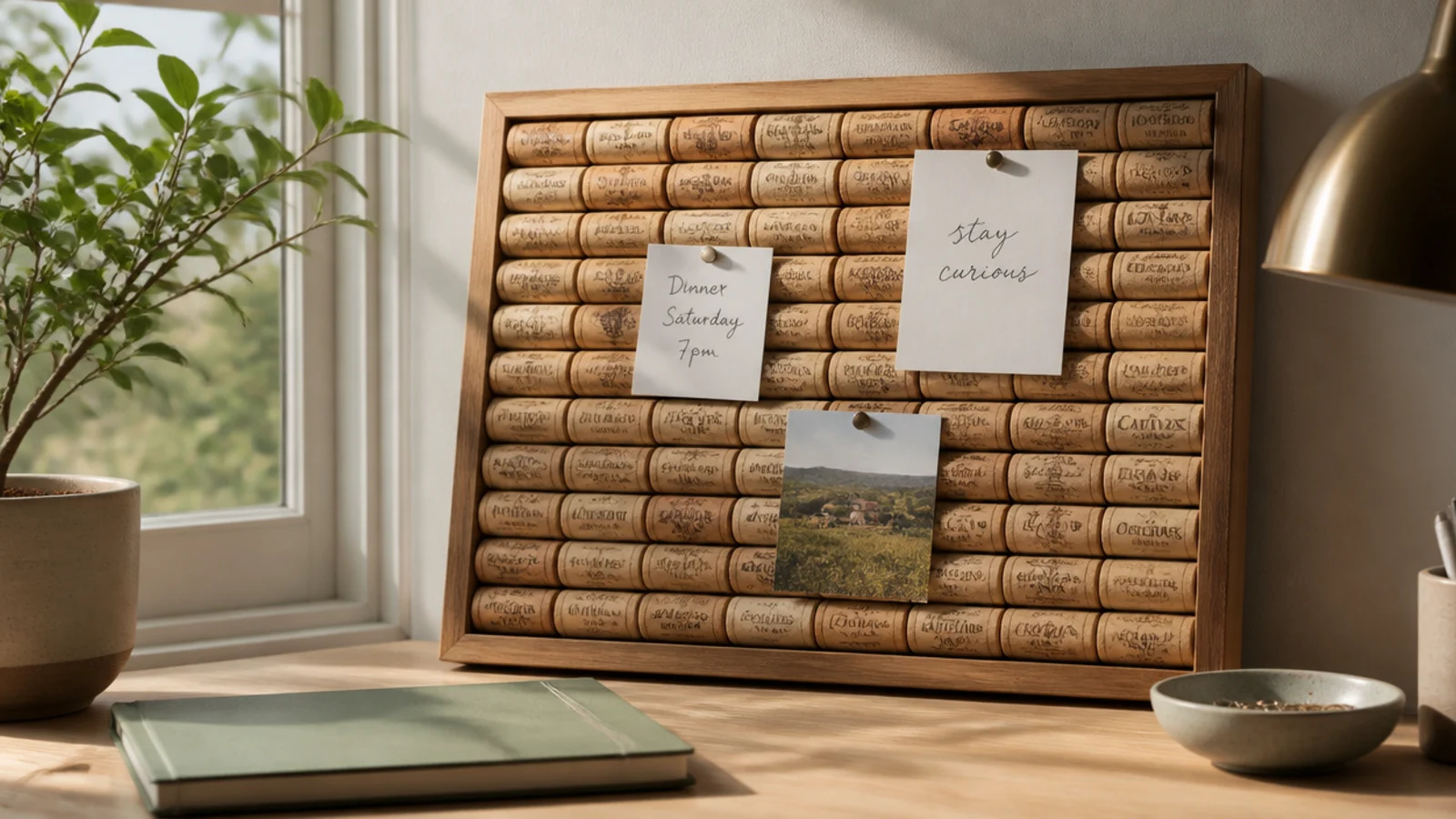 A small board covered in rows of wine corks used as a pushpin memo board beside a desk.