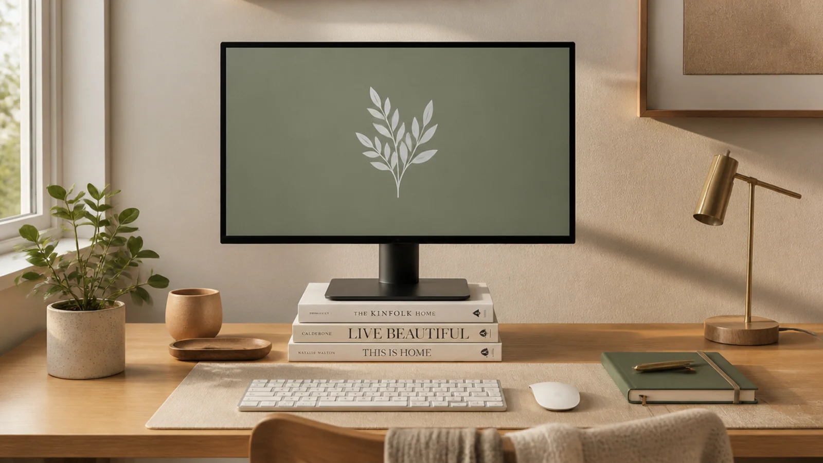 A monitor raised on a neat stack of hardcover books or a simple wood box to reach eye height.