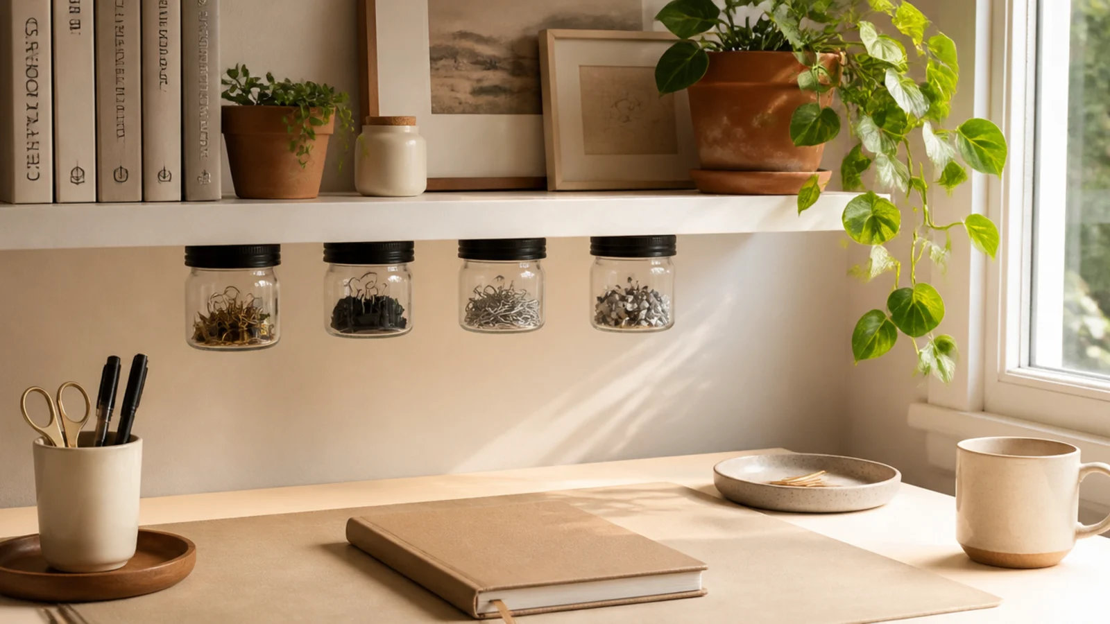 Small jars hanging by their lids screwed to the underside of a shelf, holding clips and small parts.
