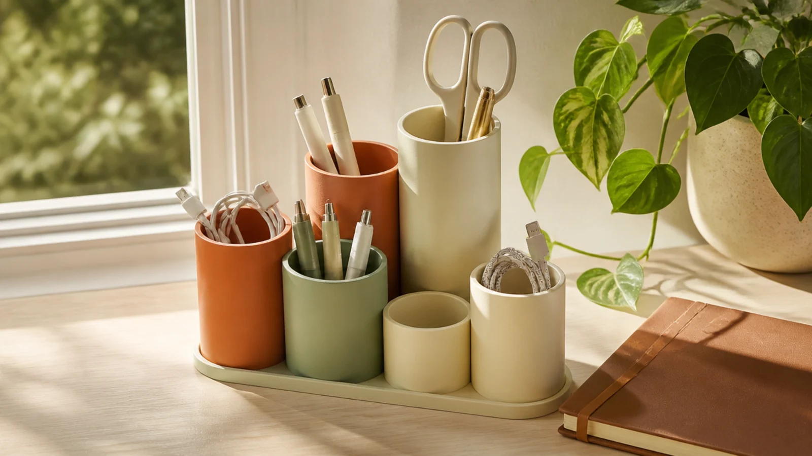 Short lengths of PVC pipe painted and grouped into a multi-tube desktop holder for pens and cables.