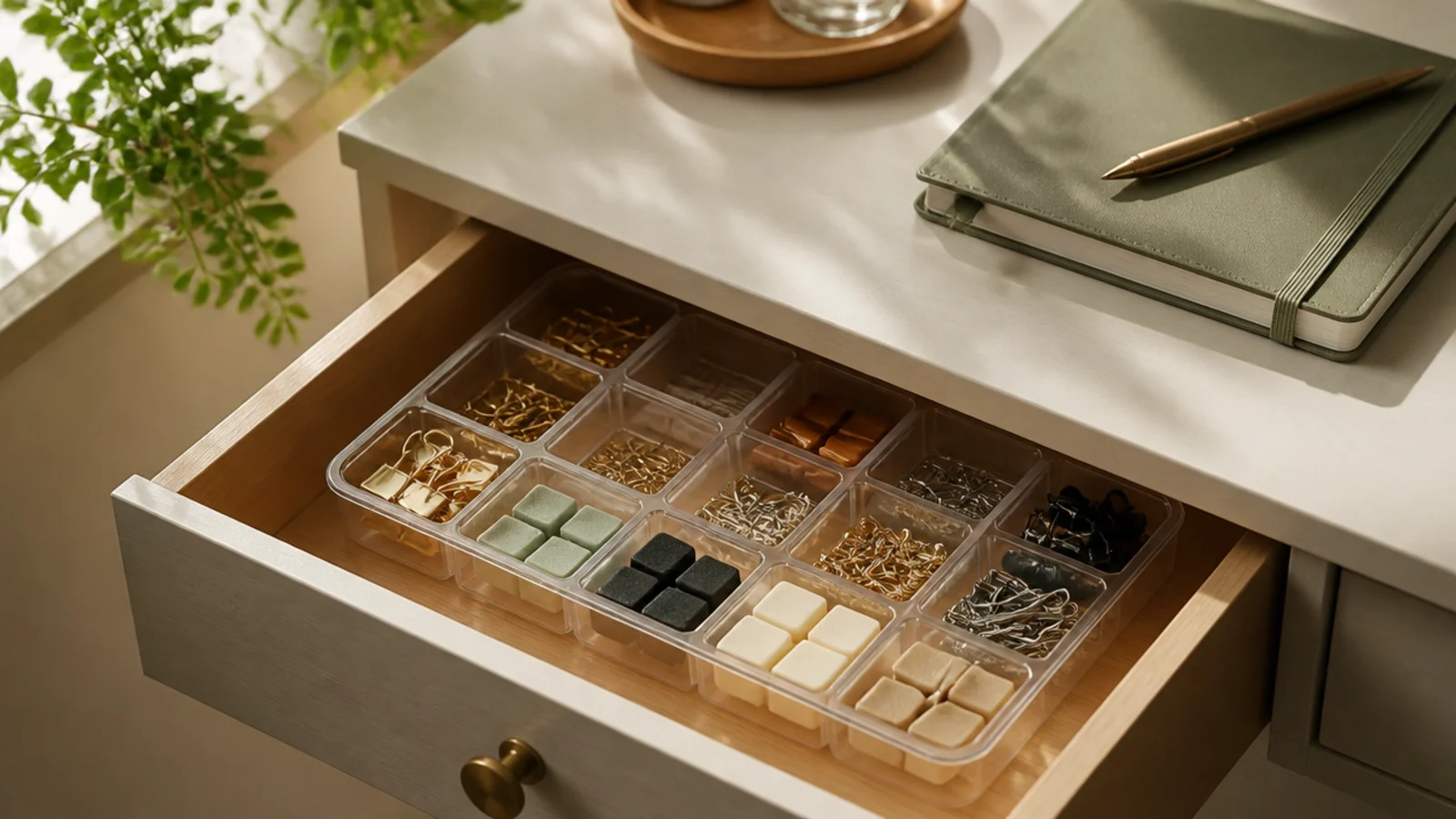 An ice cube tray inside a drawer holding tiny items - pins, clips, erasers - sorted one type per cell.