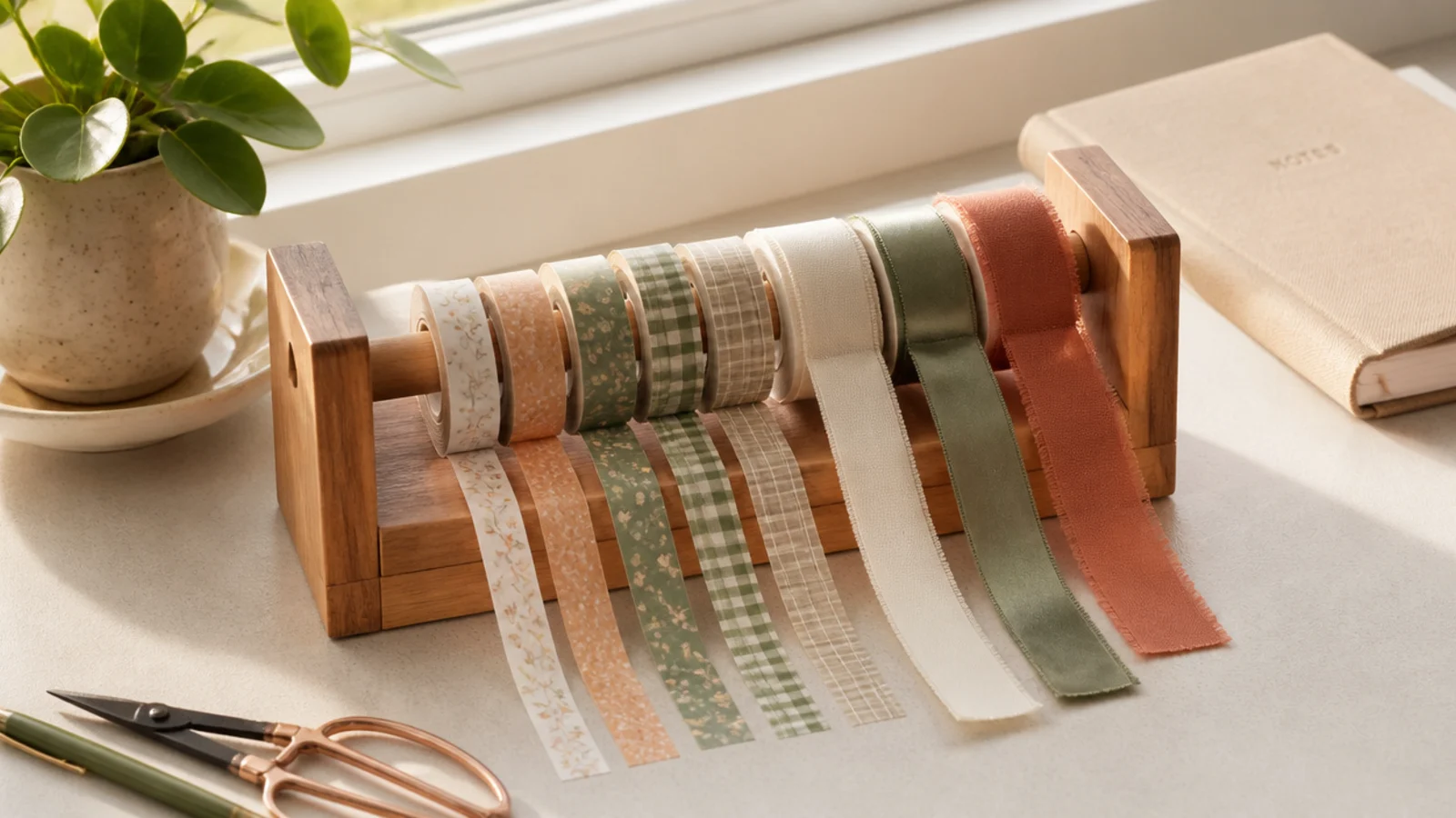 A wooden dowel mounted between two blocks holding rolls of washi tape and ribbon, ready to pull and cut.