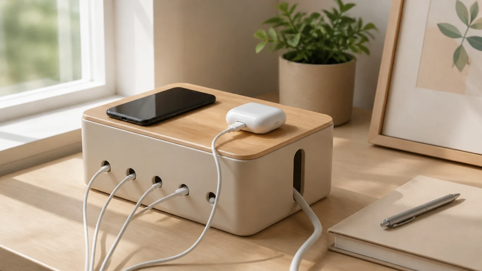 A small box with holes drilled in the side hiding a power strip, with cables emerging to charge devices on top.
