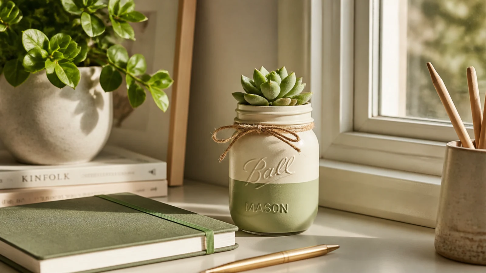 A painted glass jar holding a small succulent on a desk corner, adding a bit of green in a matching color.