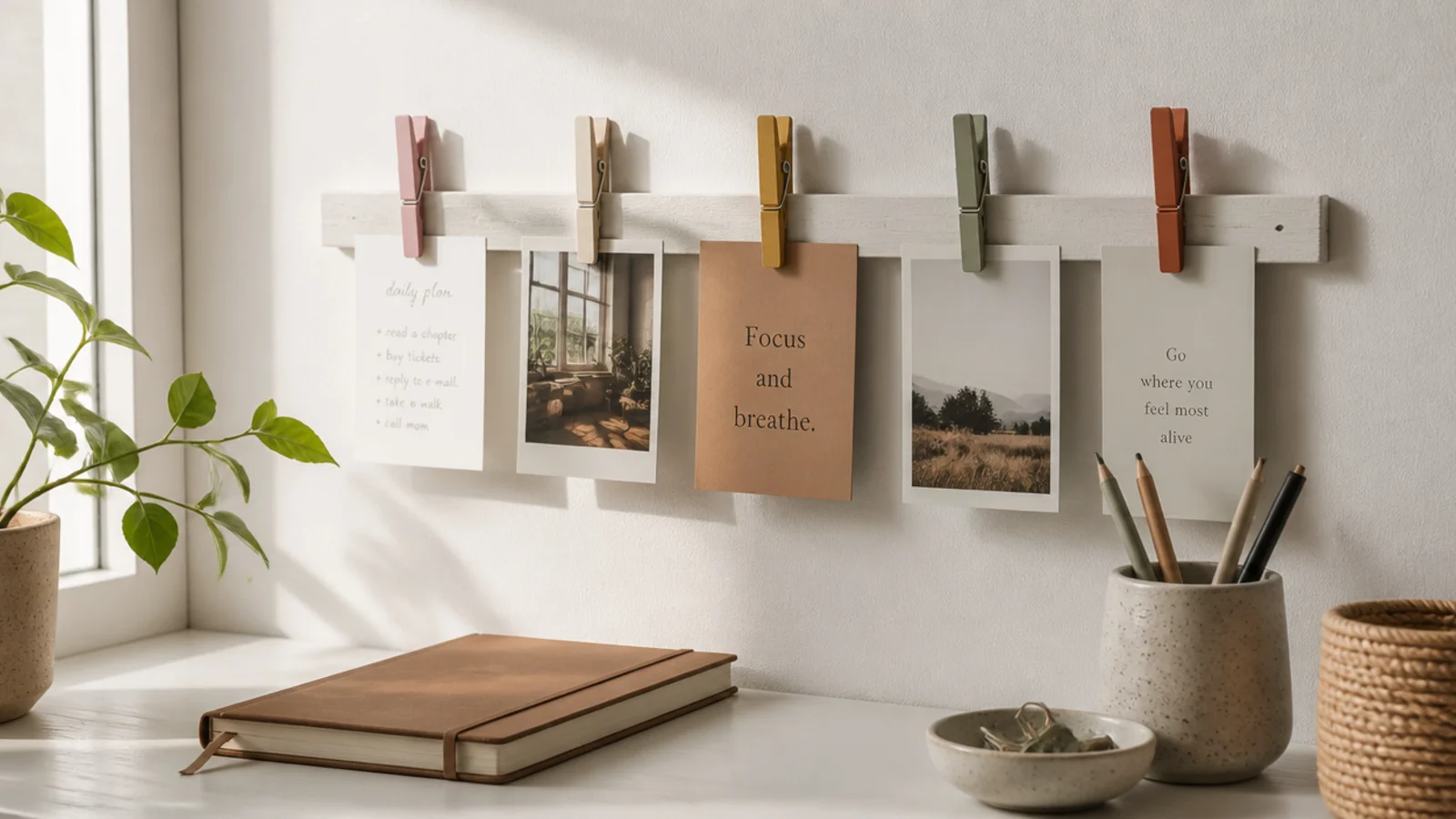 Painted wooden clothespins glued to a board or strip, each clipping a note or photo above a desk.