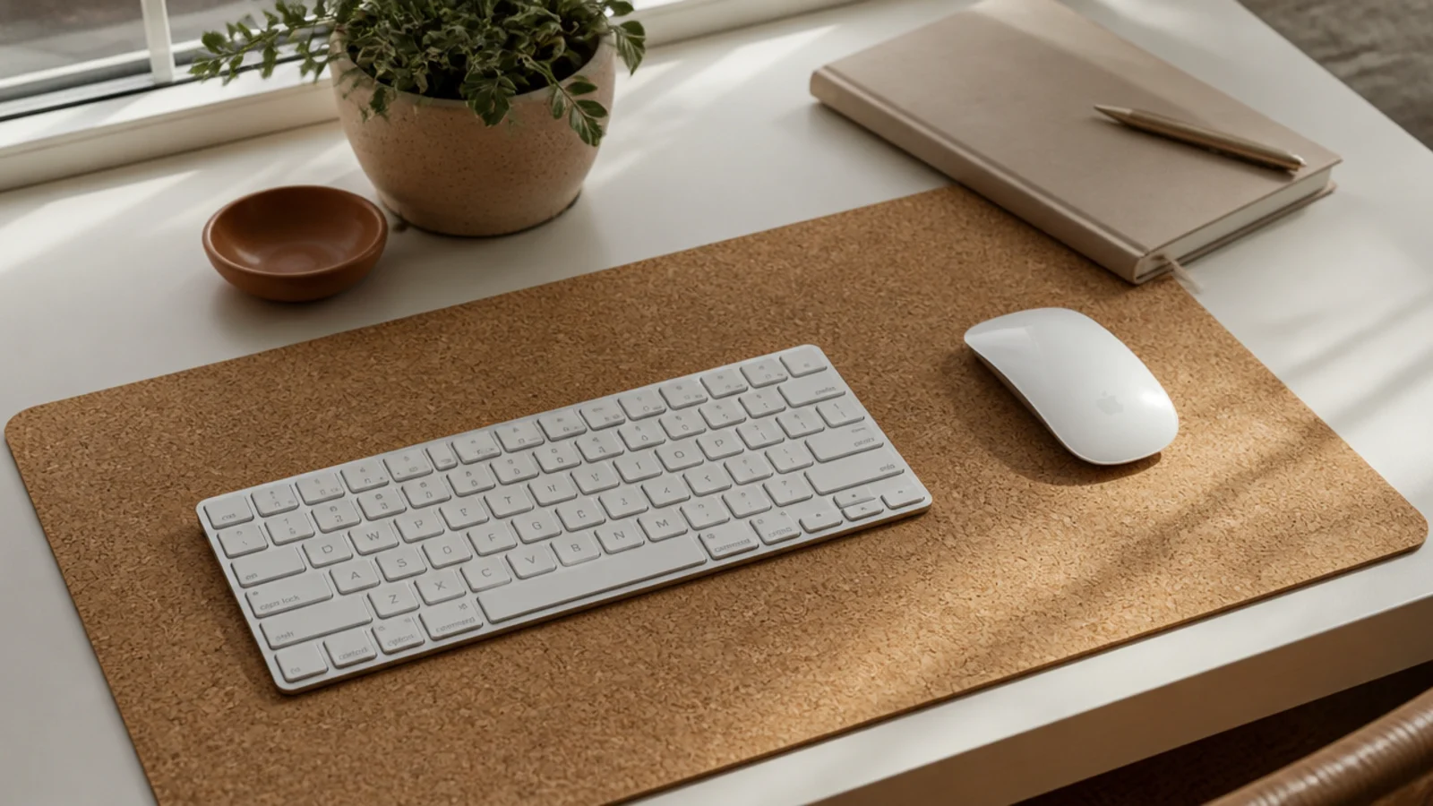 A rectangle cut from a roll of cork sheet used as a warm desk mat under a keyboard and mouse.