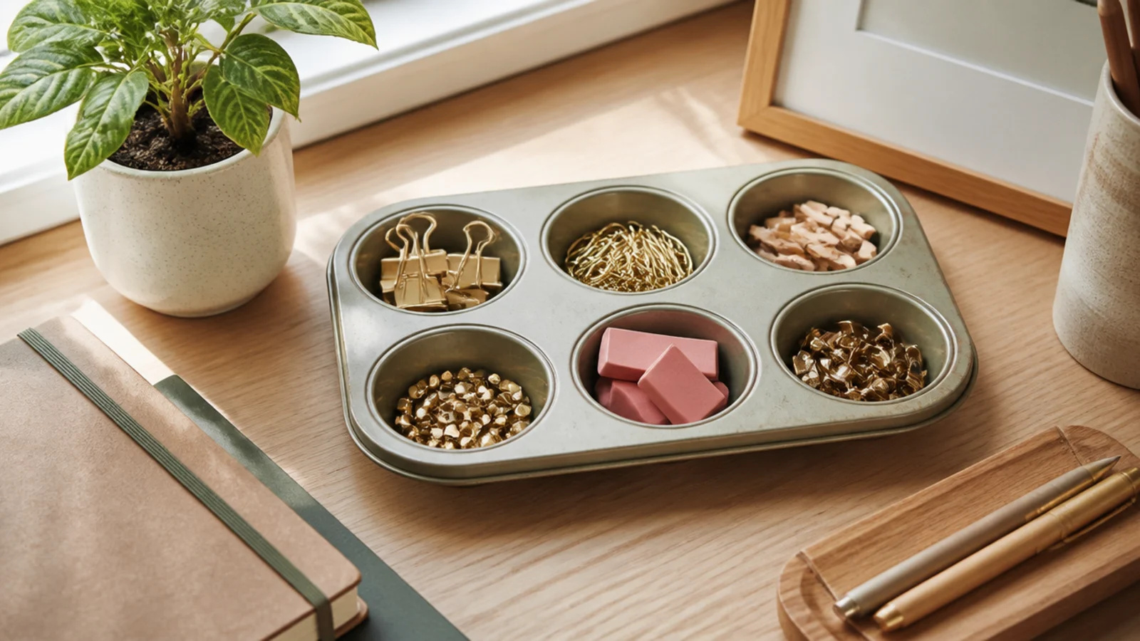 A muffin tin on a desk holding sorted supplies - clips, pins, erasers - in its individual cups.