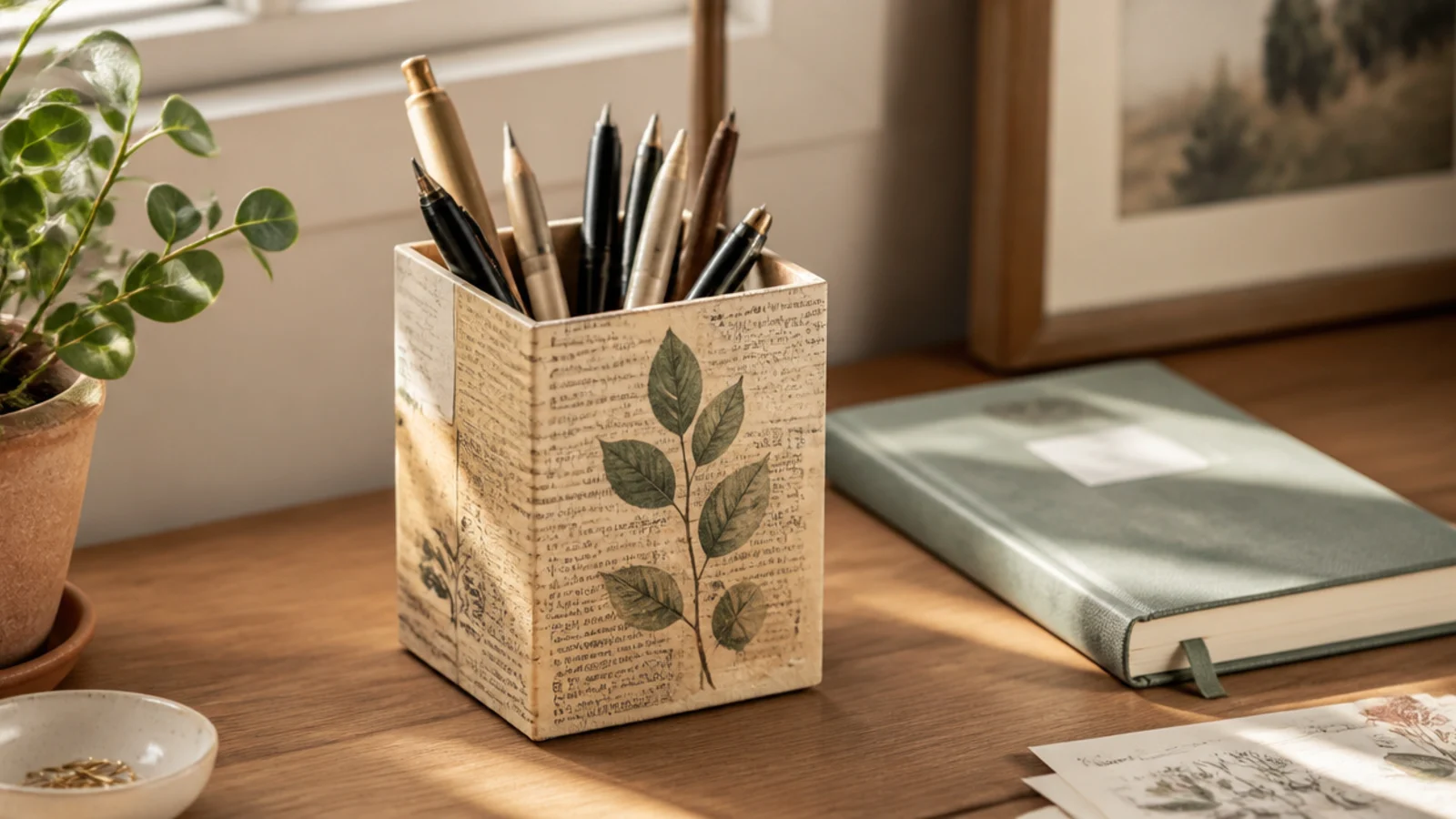 A can or box covered in decoupaged book pages or patterned paper, holding pens on a desk.