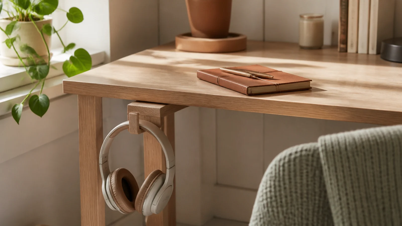 A small L-shaped wood scrap mounted under a desk edge as a hook holding over-ear headphones.