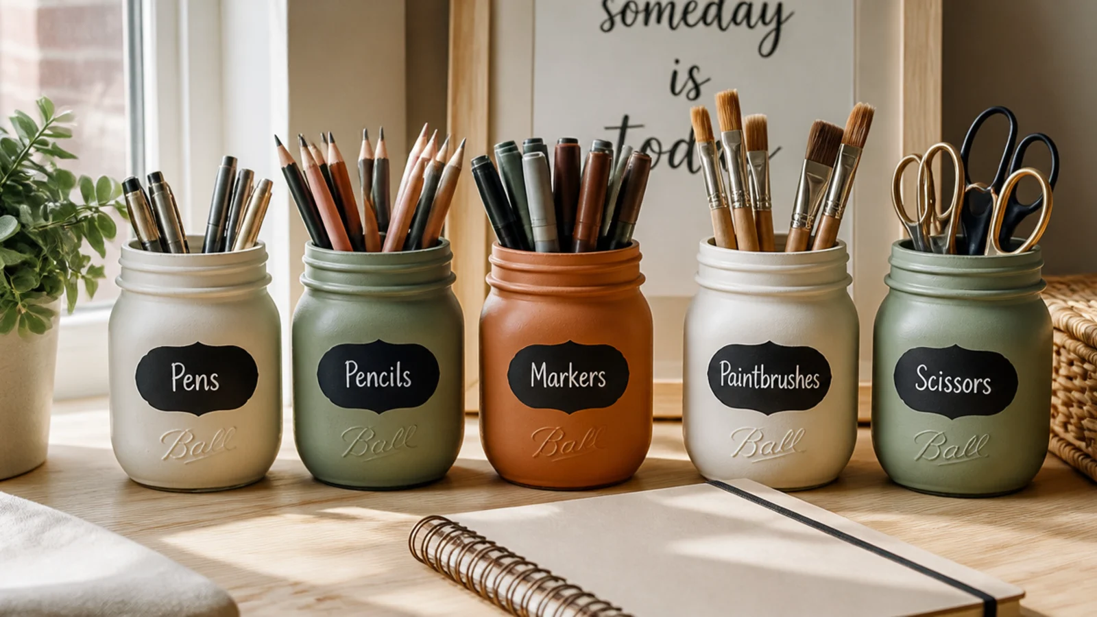 Painted jars with small chalkboard-paint labels on the front, each labeled with its contents in chalk.