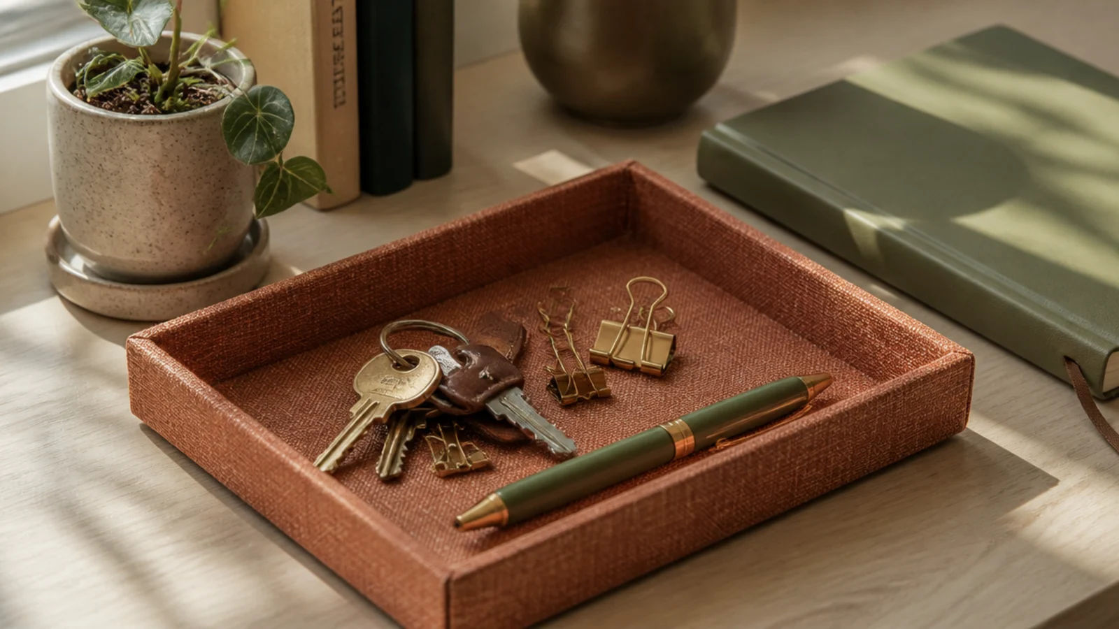 A shallow box lid covered in fabric used as a catch-all tray holding keys, clips, and a pen on a desk.