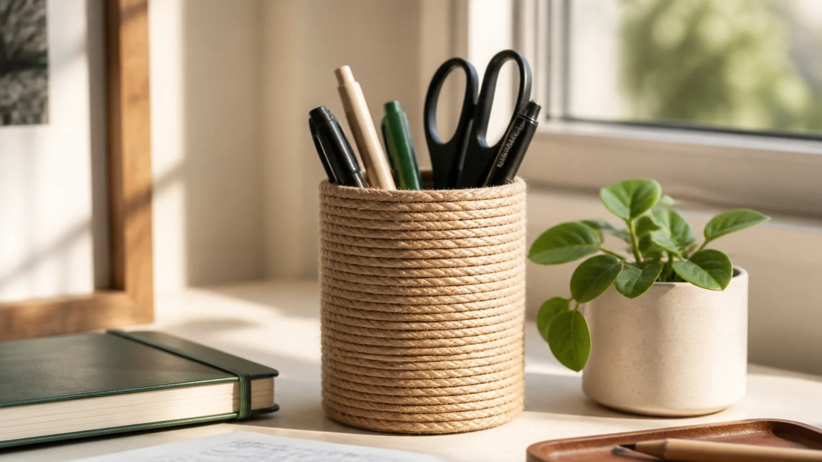 A tin can fully wrapped in natural jute twine, used as a rustic textured pen holder on a desk.
