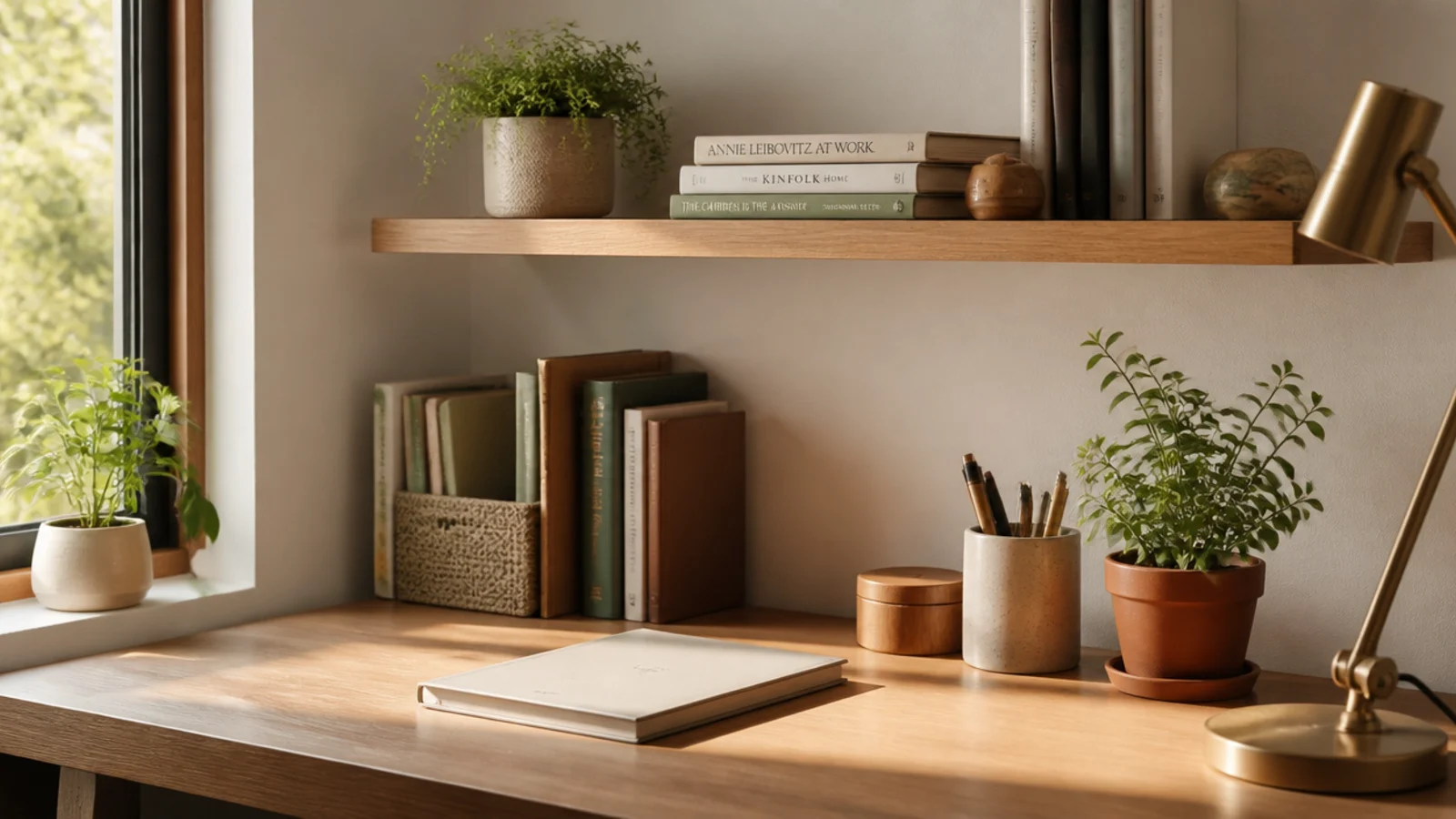 A simple wooden board mounted on hidden brackets as a floating shelf above a desk holding books and a plant.
