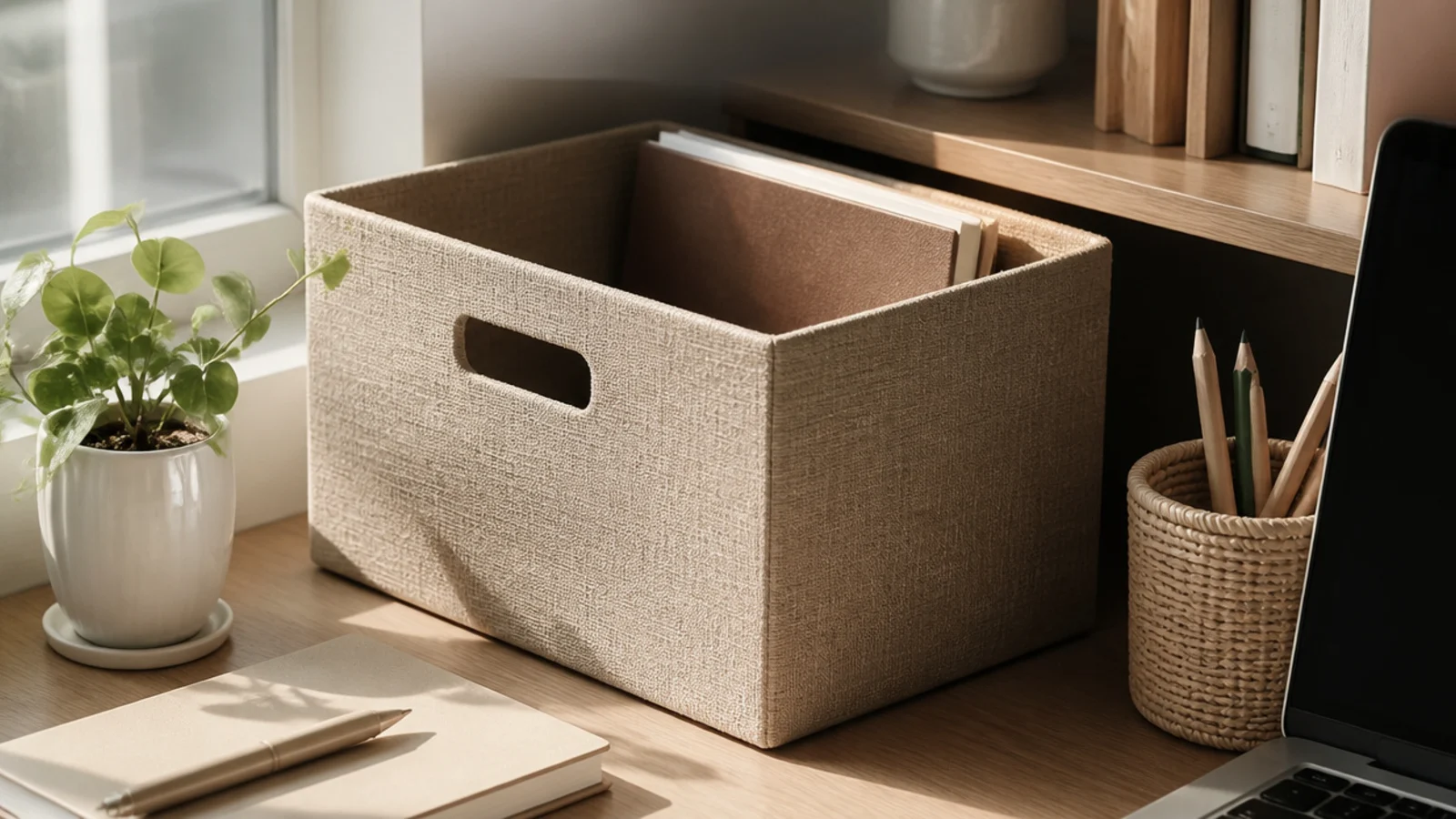 A sturdy box covered in linen fabric used as a soft storage bin on a shelf beside a desk.