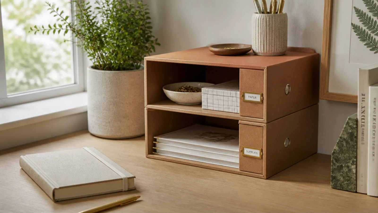 Two magazine file holders laid on their sides and stacked to form open cubbies for supplies beside a desk.