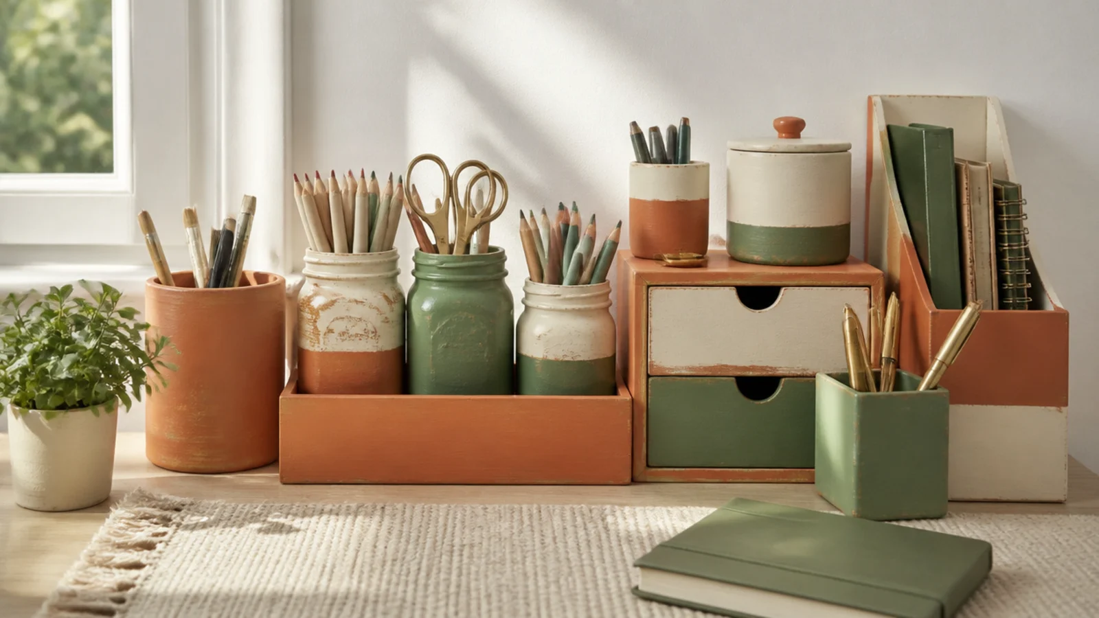A whole set of DIY organizers - jars, cans, boxes - all painted the same palette so they look like one set.