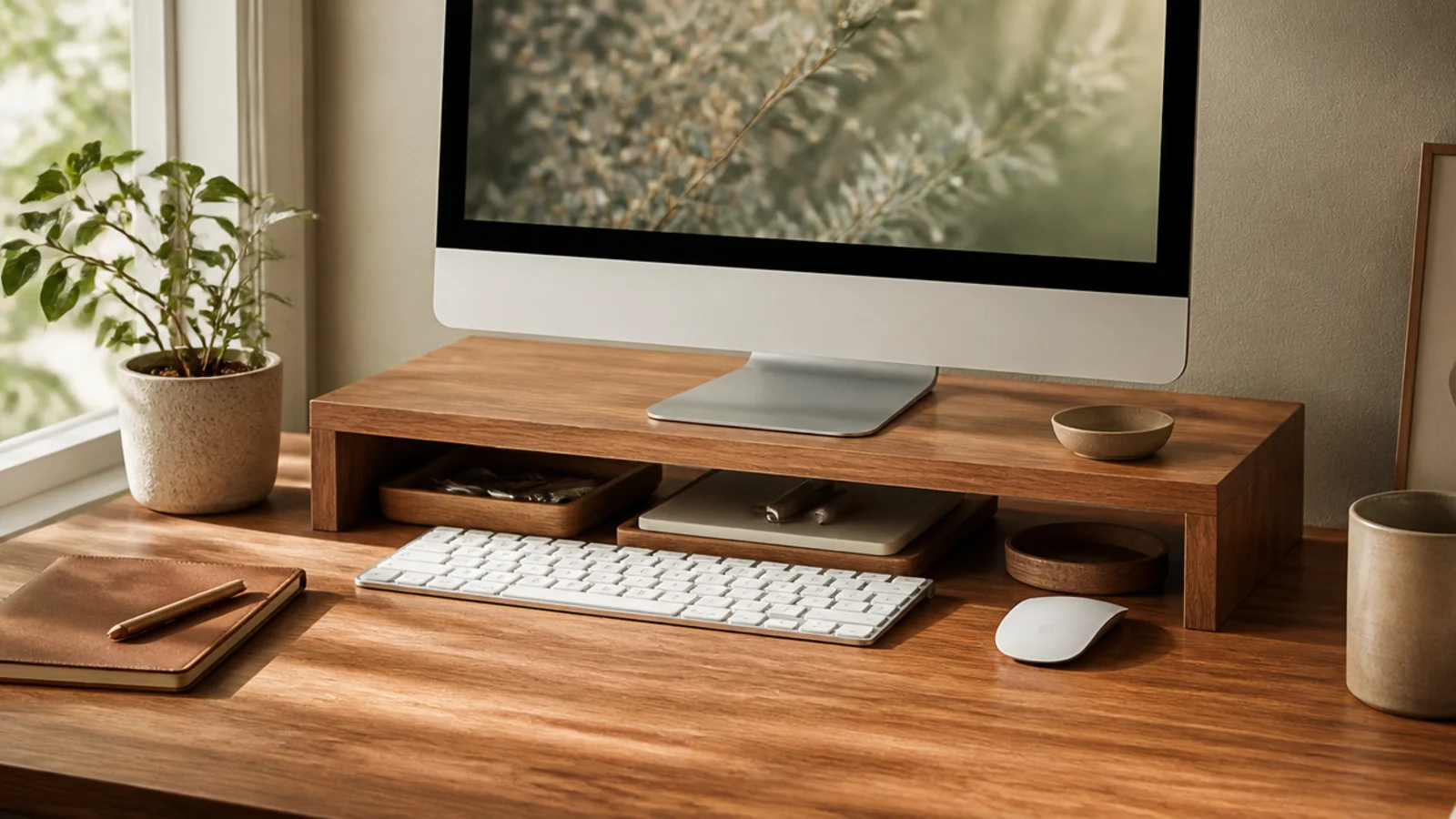A wooden monitor riser lifting a screen to eye height, with a keyboard and small trays tucked in the open space underneath.