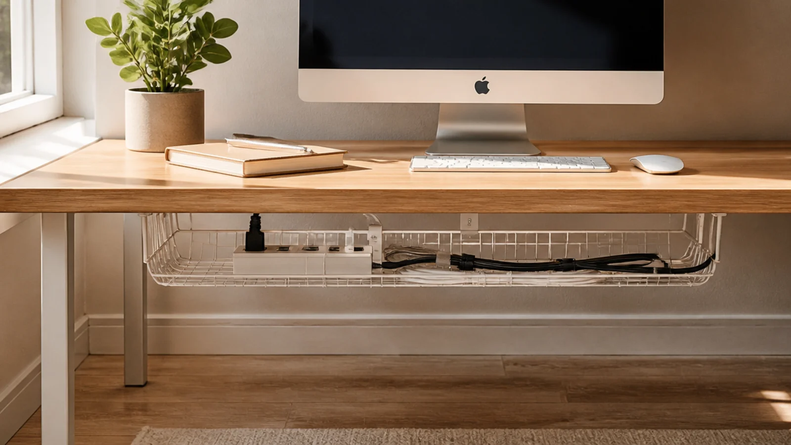 A metal mesh cable tray mounted under a desk holding a power strip and bundled cables, keeping the floor clear.