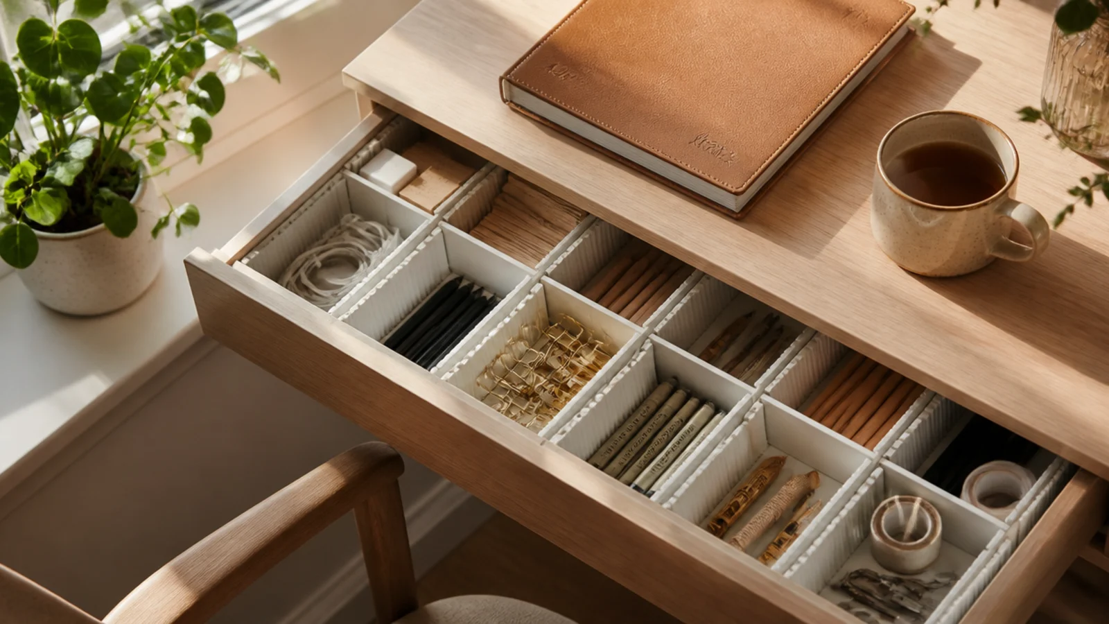 An open desk drawer split into neat compartments by spring-loaded dividers, each holding a different type of supply.