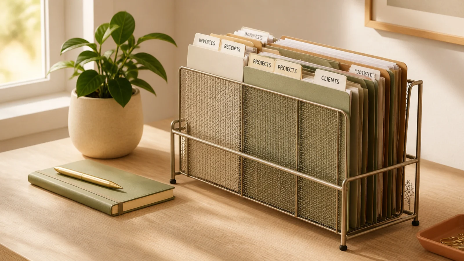 A metal vertical file sorter on a desk holding several labeled folders upright, keeping papers off the surface.