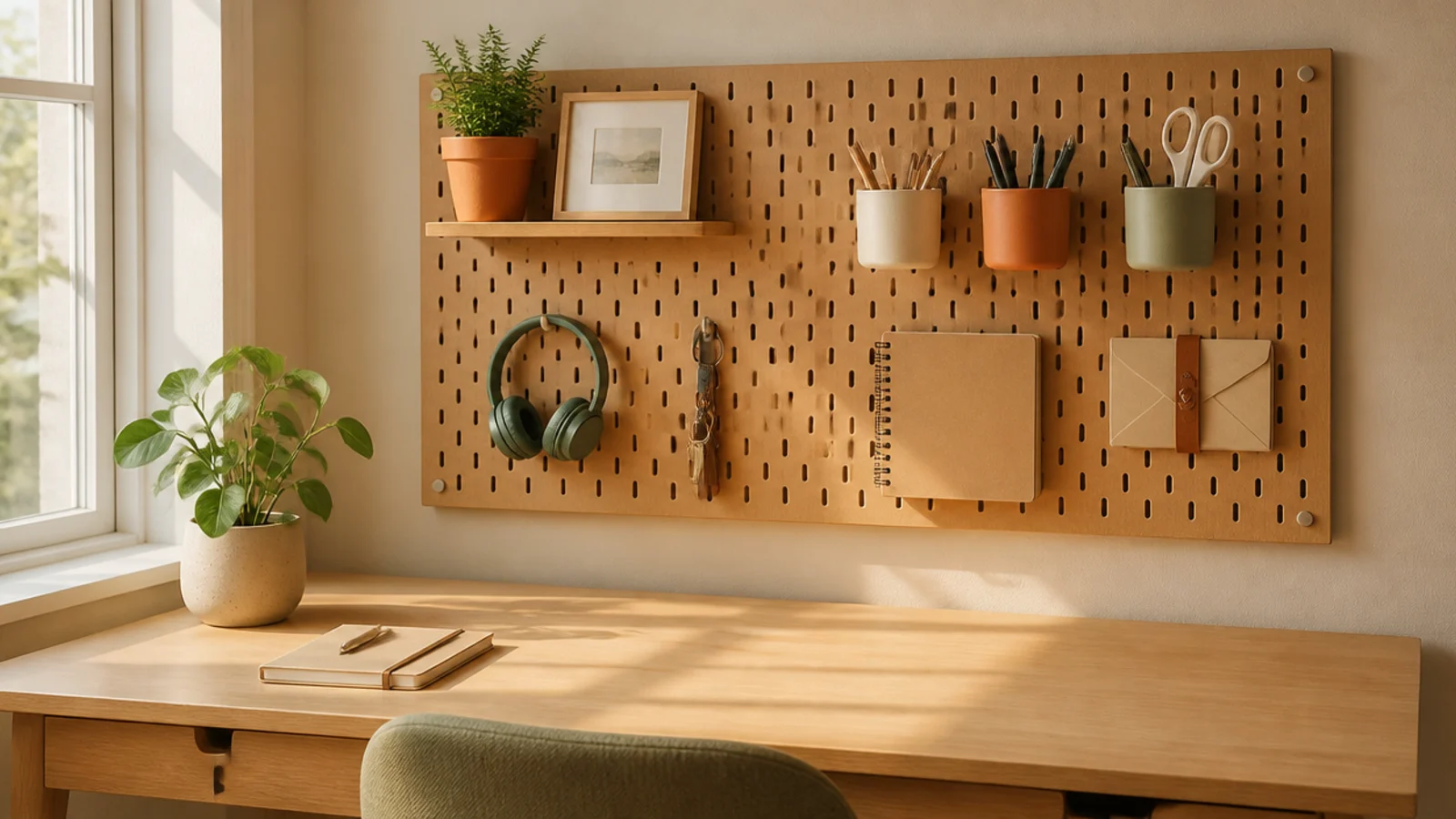 A pegboard mounted on the wall above a desk holding hooks, small cups, and a shelf with supplies, keeping the desktop clear.